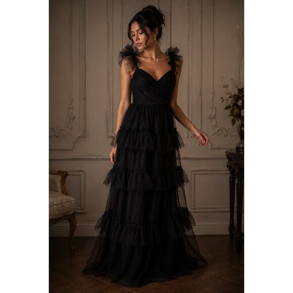 Lulus Dresses & Skirts - Lulus Black Tulle Ruffle Maxi Dress Fairy Goth Prom Party Medium